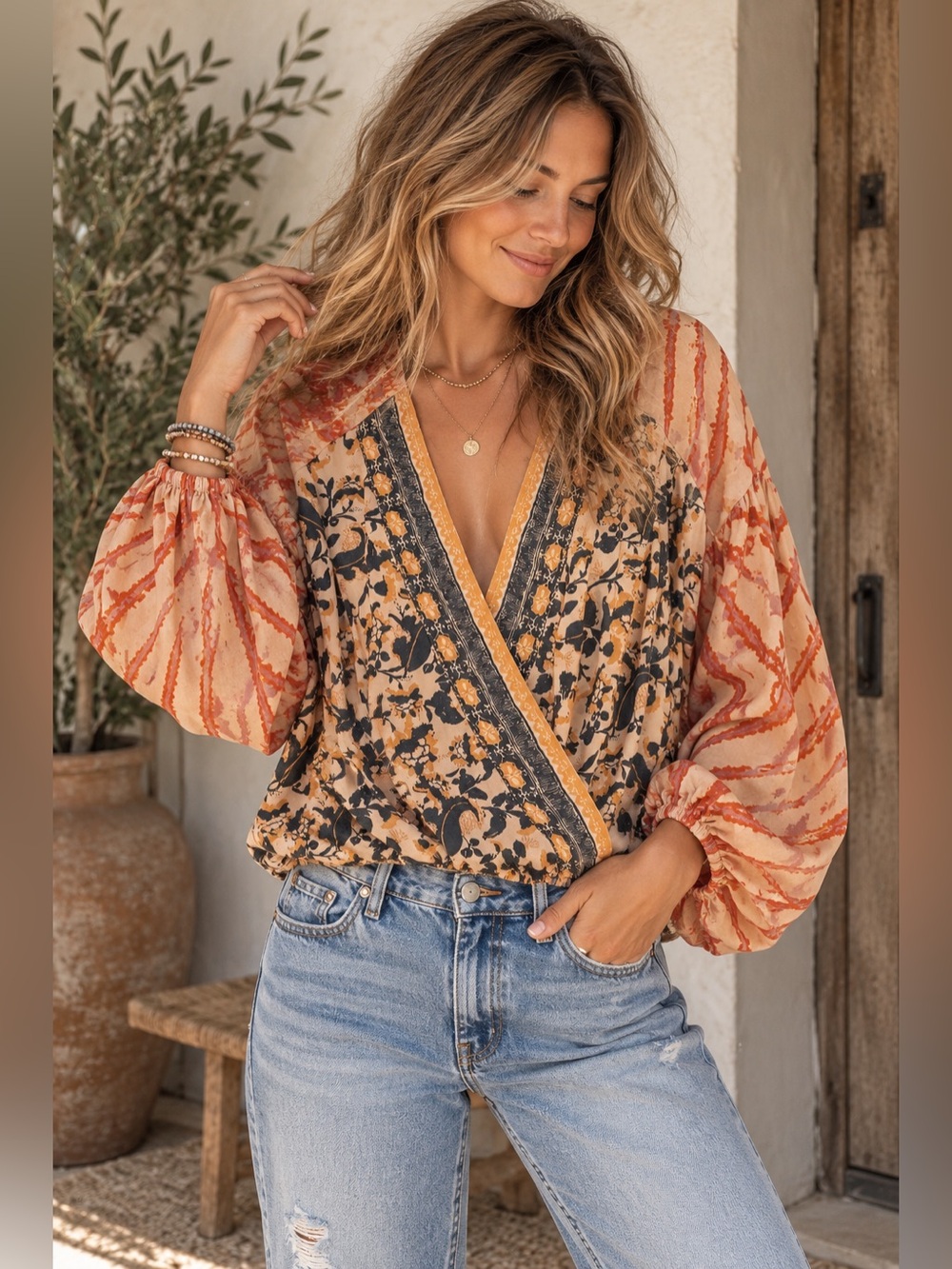 Free People Boho Mixed Print Surplice Balloon Sleeve Top Size Small